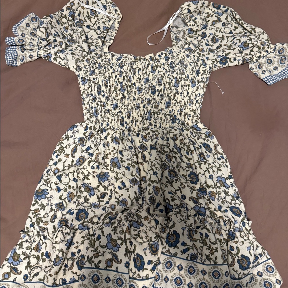 B Darlin Blue and Cream Floral Kids Dress